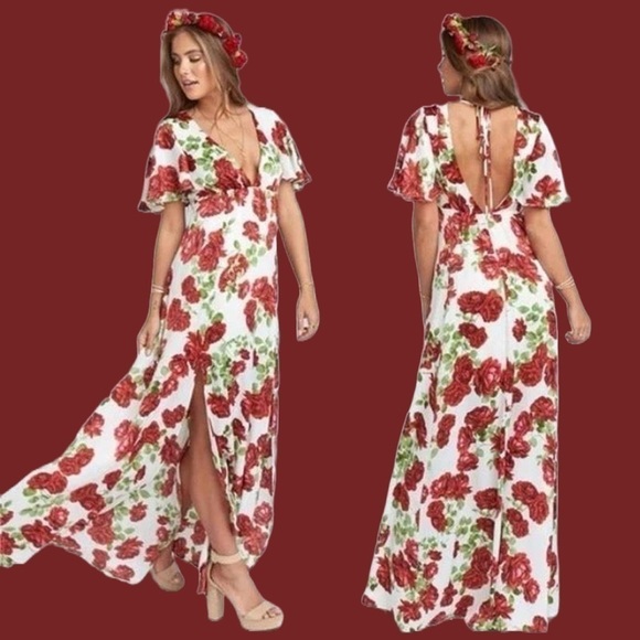 NEW Show Me Your Mumu Faye Flutter Maxi Dress, V-Neck, & Open Back with Tie, S - Picture 2 of 13